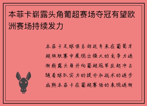 本菲卡崭露头角葡超赛场夺冠有望欧洲赛场持续发力